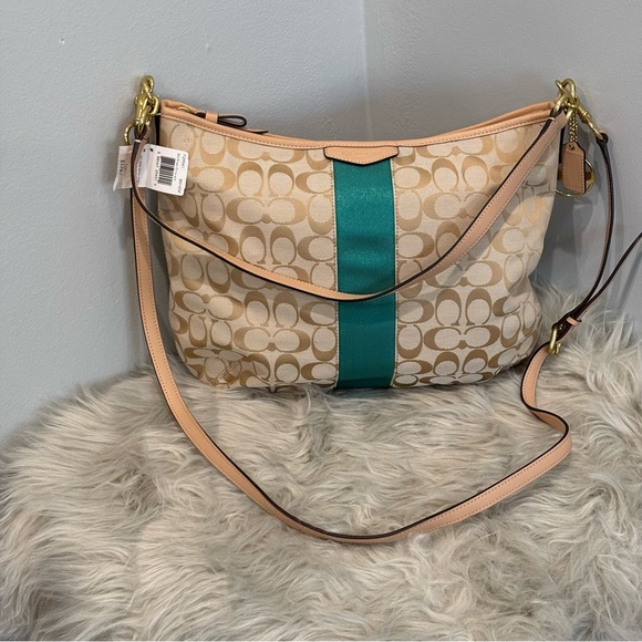 Coach signature stripe convertible hobo in khaki and emerald. New with tags - Picture 1 of 10
